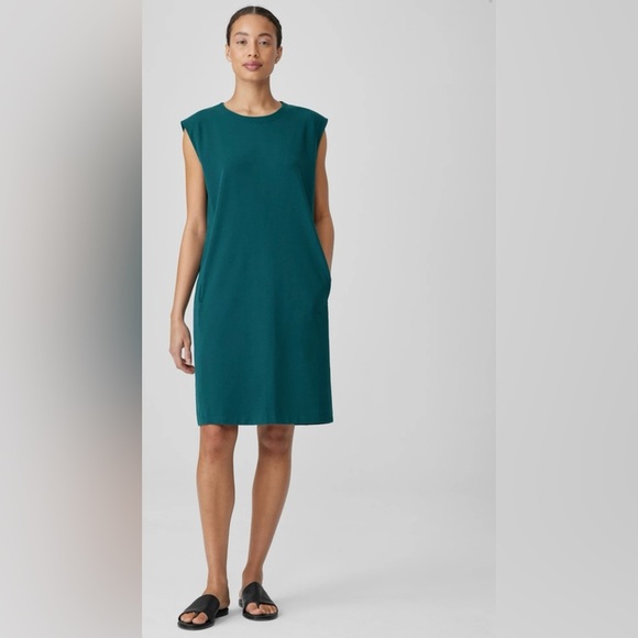Eileen Fisher Stretch Jersey Round Neck Dress Easy Fit, Knee Length Side Zippers - Picture 1 of 10